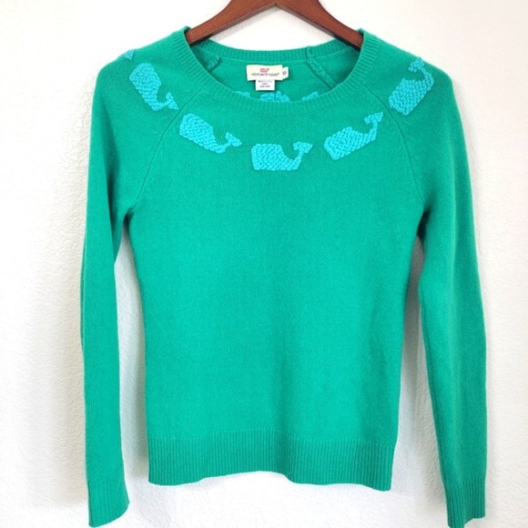 Vineyard Vines Green Embroidered Whale Neckline Wool Crewneck Sweater Sz XXS - Picture 1 of 5